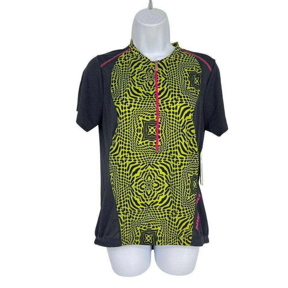 Nishiki Women Cycling Jersey Top 1/2 Zip Biking Gray Neon Short Sleeve Size M